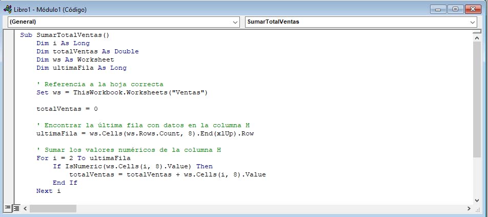 Ejemplo de macro en VBA para sumar el total de ventas del excel