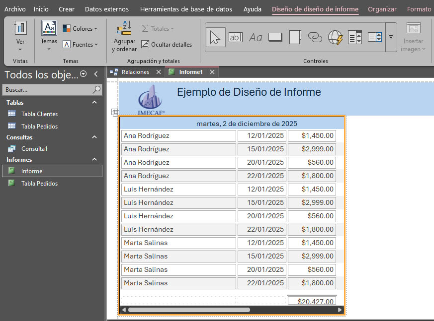 Crear informe en vista diseño