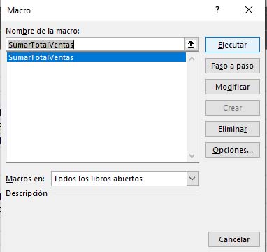 Ejecutando macro de SumarTotalVentas