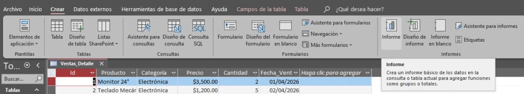 El Informe Instantáneo en Access