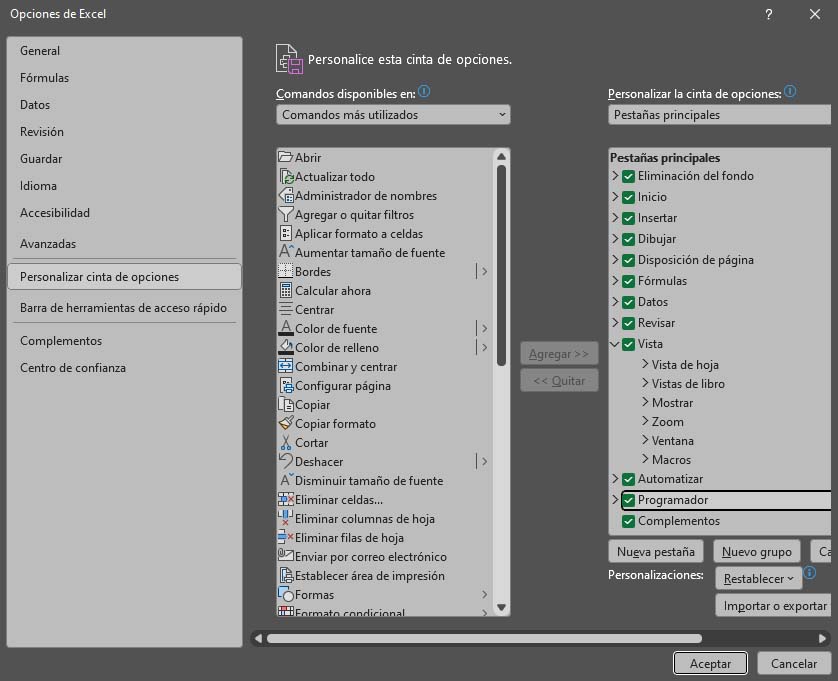 Macros en Excel - Habilitar pestaña del programador