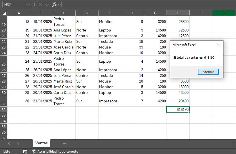 Resultado del ejemplo de macro para sumar total de ventas