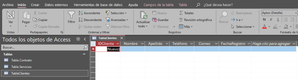 Ejemplo de tabla de clientes