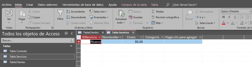 Ejemplo de tabla de servicios